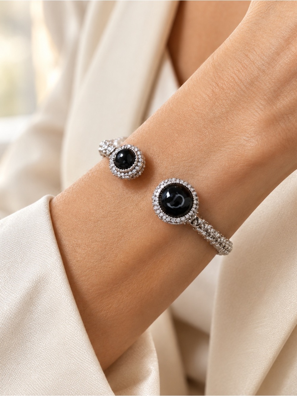 Judith Ripka /S.S. Black Onyx Doublet Initial “D” Open Cuff Bracelet